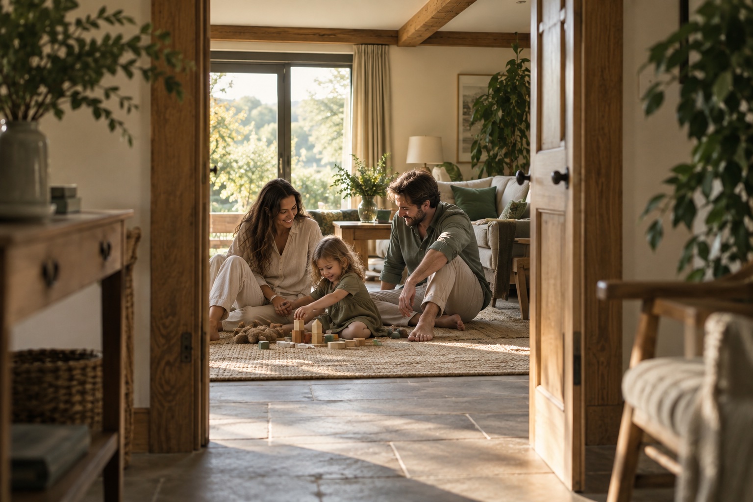 Parents spending time with their young child at home