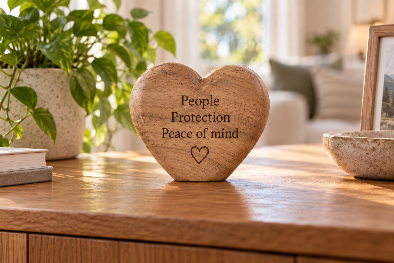 A wooden heart engraved with People, Protection, Peace of mind